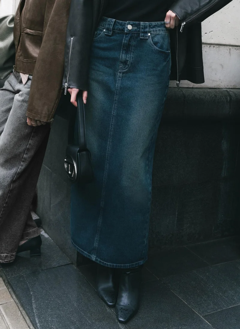 Lichi Distressed denim maxi skirt