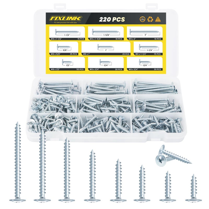 FIXLINK 220 PCS #8 Truss Head Zinc Wood Screws Assortment Kit,FIXLINK High Hardness Wood Screws Set, Phillips Drive Assorted Screws, Contain 8 Size (2â€,1-5/8â€,1-1/2â€,1-1/4â€,1â€,3/4â€,5/8â€,1/2â€), Zinc - Image 1