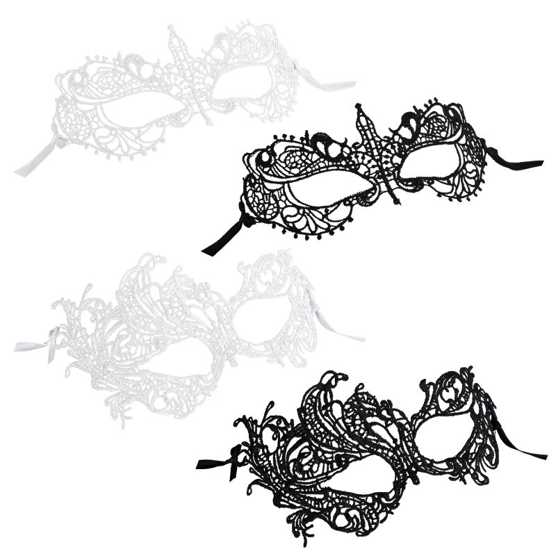 COMNICO 4PCS Halloween Masquerade Mask for Women, Nylon Lace Eye Mask for Ball Proms and Carnival Venetian Masquerade Party (White + Black) - Image 1