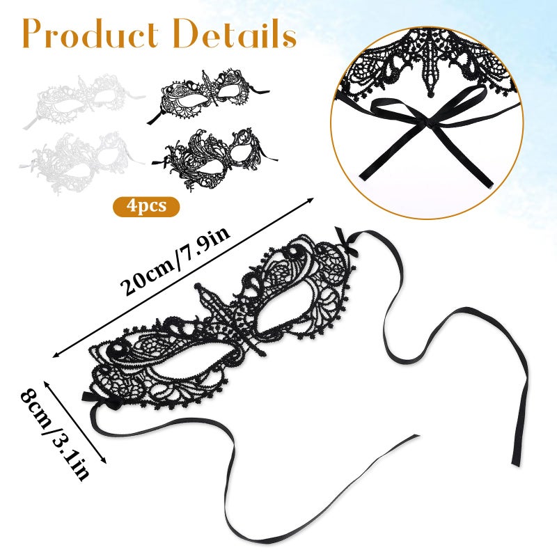 COMNICO 4PCS Halloween Masquerade Mask for Women, Nylon Lace Eye Mask for Ball Proms and Carnival Venetian Masquerade Party (White + Black) - Image 2