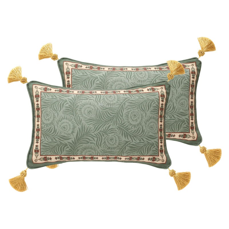 patdrea Designer Throw Pillow Covers Set of 2,French Elegant Green Linen with Curly Grass and Floral Pattern Pillow Covers,Decorative Lumbar Pillowcases Cushion for Bed Living Room Outdoor,12"x20" - Image 1