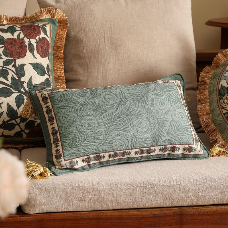 patdrea Designer Throw Pillow Covers Set of 2,French Elegant Green Linen with Curly Grass and Floral Pattern Pillow Covers,Decorative Lumbar Pillowcases Cushion for Bed Living Room Outdoor,12"x20" - Image 2