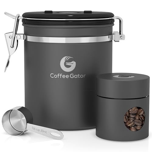 Coffee Gator Coffee Canister  16oz and 4oz Airtight Stainless Steel Kitchen Food Storage Container with Date Tracker Scoop for Grounds Coffee Bar Accessories BeansTea Sugar Flour  Gray