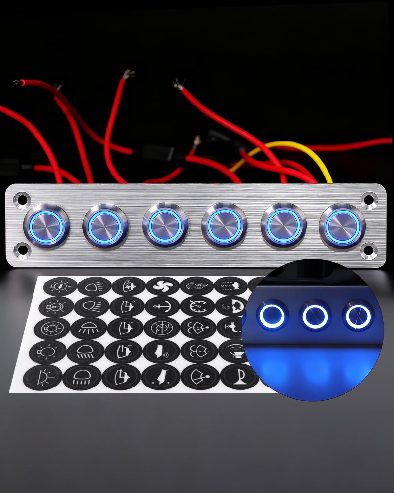 IZTOSS 6 Gang Aluminum Marine Rocker Switch Panel - Pre-Wired with Blue LED Indicator, 12-24 V Multi-Function Rocker Switch - Ideal for Marine motorhomes, Yachts - Image 1