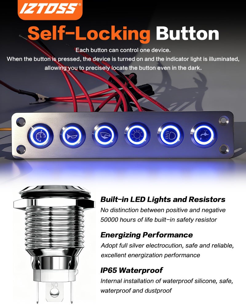 IZTOSS 6 Gang Aluminum Marine Rocker Switch Panel - Pre-Wired with Blue LED Indicator, 12-24 V Multi-Function Rocker Switch - Ideal for Marine motorhomes, Yachts - Image 2