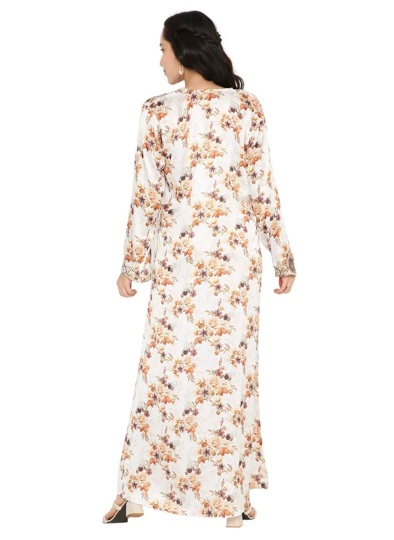 HANA & SARA CREATIVE HAND BEADED LONG MODEST FLORAL PRINTED ARABIC FARASHA KAFTAN JALABIYA DRESSES