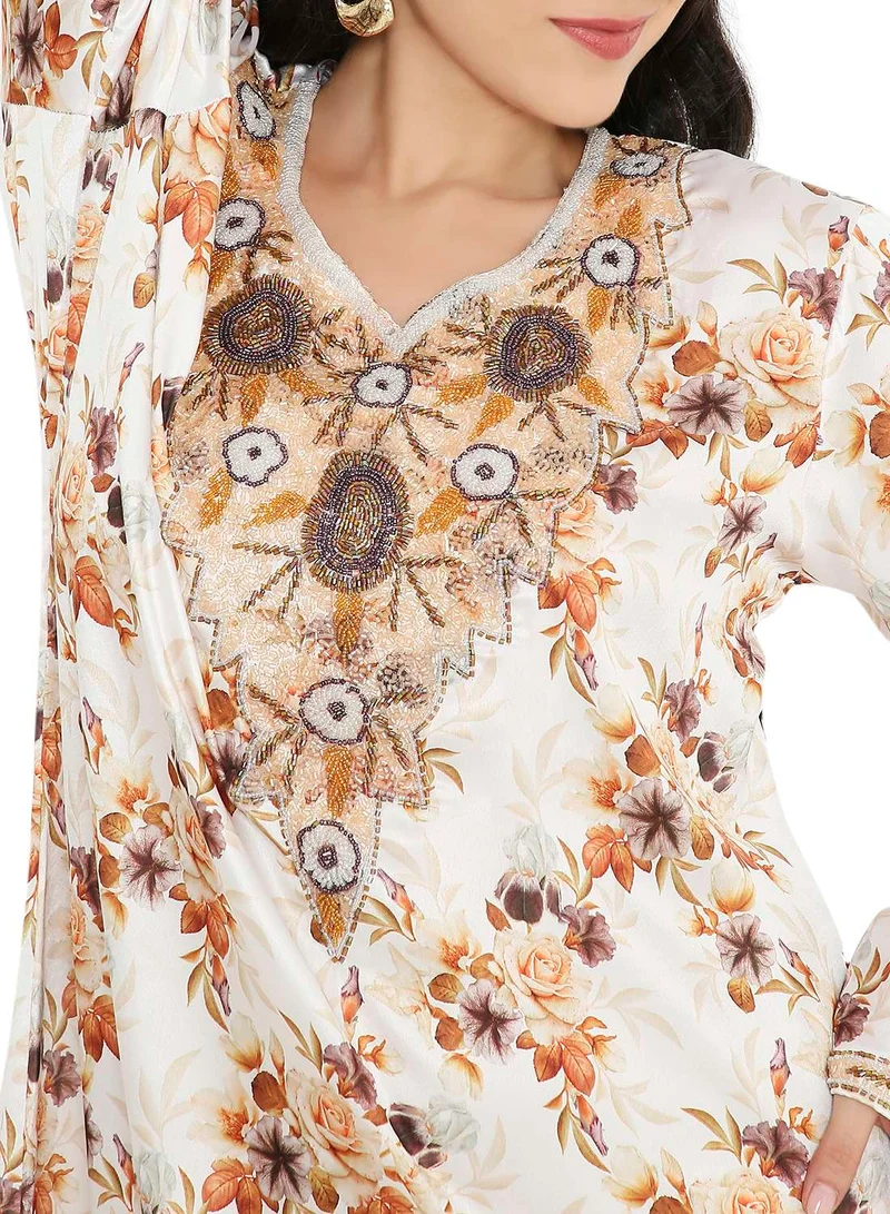 HANA & SARA CREATIVE HAND BEADED LONG MODEST FLORAL PRINTED ARABIC FARASHA KAFTAN JALABIYA DRESSES