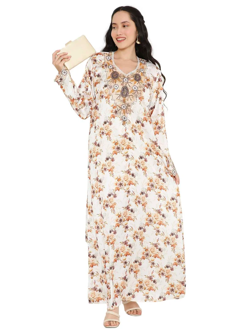 HANA & SARA CREATIVE HAND BEADED LONG MODEST FLORAL PRINTED ARABIC FARASHA KAFTAN JALABIYA DRESSES