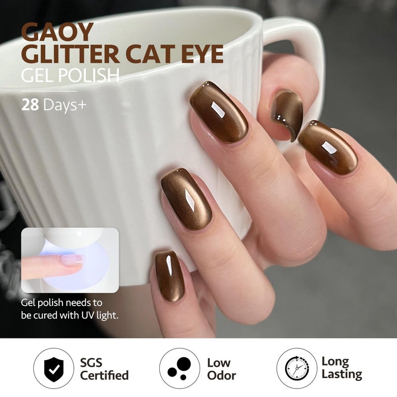 GAOY Jelly Brown Cat Eye Gel Nail Polish Set with Magnet for Glitter Holographic Cat Eye, Salon UV Gel Manicure and Nail Art DIY at Home, Sparkling Amber - Image 5