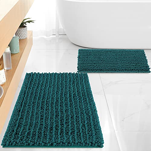 FLOLEOPA Luxury Chenille Teal Green Bathroom Rugs Bath Mats Sets Extra Soft and Absorbent Bathroom Rugs Non Skid Machine Wash Dry Bath Mats32x20 Plus 17x24