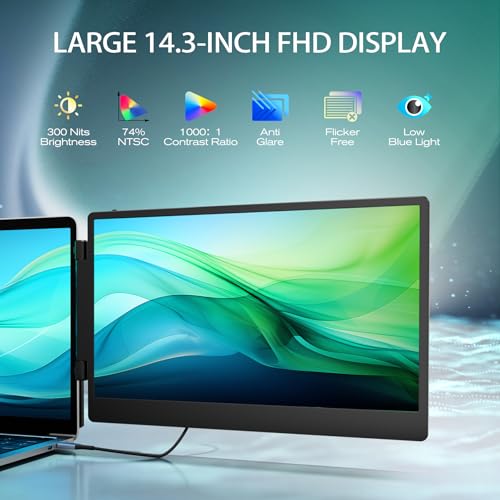 TeamGee تمجي 14.3" موسع شاشة اللابتوب، شاشة محمولة FHD 1080P IPS مع حامل قابل للطي ومكبرات صوت، متوافق مع اللابتوبات من 13" إلى 17" (قطري)، HDMI/USB-A/Type-C، لنظام ويندوز/ماك/كروم/سويتش - Image 2