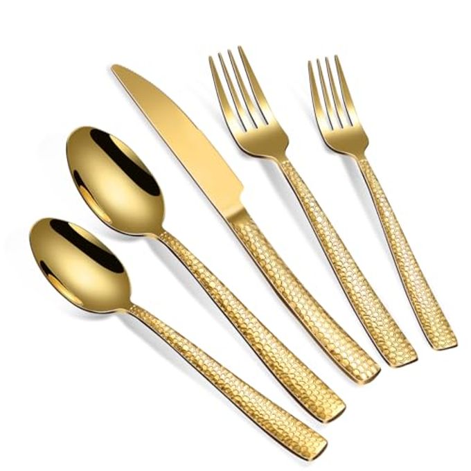 Remoxye 40-Piece Silverware Set, Gold Hammered Stainless Steel Flatware Sets for 8, Food-Grade Tableware Set, Including Fork Knife Spoon Set, Durable Home Kitchen Cutlery Sets, Dishwasher Safe, RX357