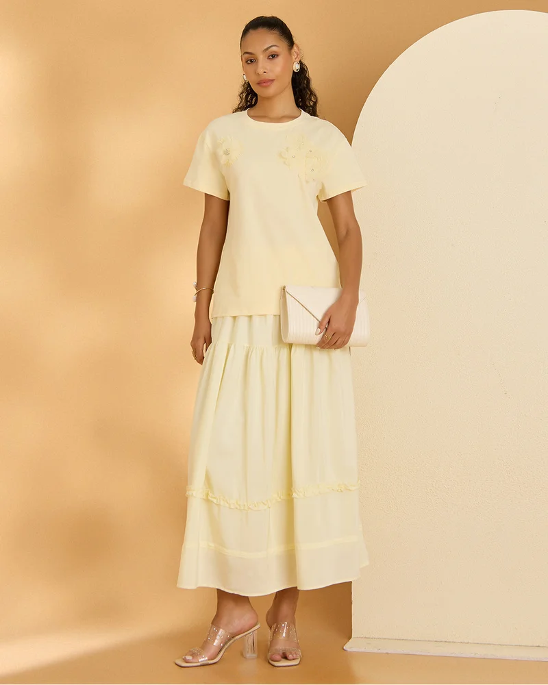 Redtag Women Yellow Embellished Casual T-Shirt