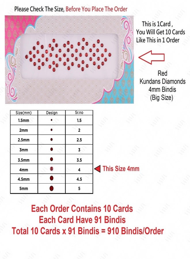 VAMA Rhinestone Red Color Crystal Stone Bindi kumkum Sticker Diamond Cut Kundan Lal bindiya Bindis Set for Women (10 Cards) (Red Crystal Stone Bindi 3mm) - Image 4