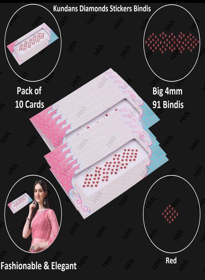 VAMA Rhinestone Red Color Crystal Stone Bindi kumkum Sticker Diamond Cut Kundan Lal bindiya Bindis Set for Women (10 Cards) (Red Crystal Stone Bindi 3mm) - Image 3