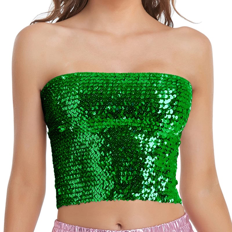 Fenyong Womens Sparkly Sequin Mermaid Crop Tops, Strapless Metallic Tube Tops for Party Clubwear(Green) - Image 1