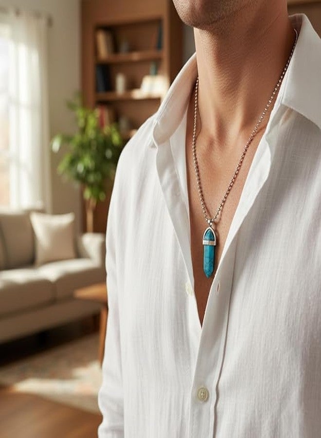 Sukhad Turquoise Crystal Pendant Necklace for Men & Women | Blue Healing Stone Hexagon Point Pendant | Stainless Steel Chain | Protection & Calm Energy Jewelry Gift - Image 2