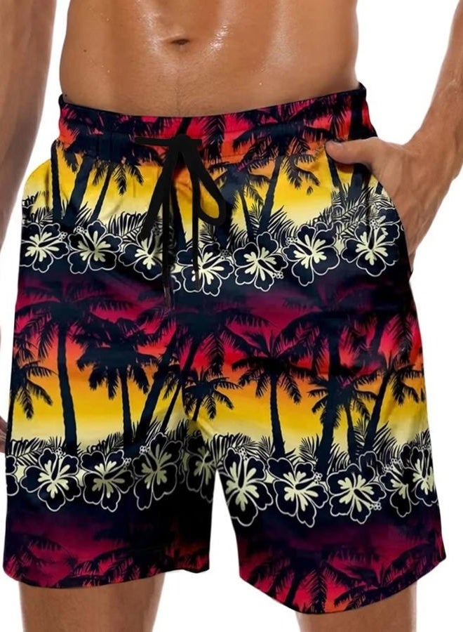 Lzzidou Men's Swim Trunks Quick Dry Hawaiian Board Shorts Mesh Lining 9 Inch Inseam Beach Shorts with Pockets, Black-coconut Grove, L - Image 1