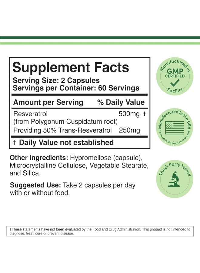 Resveratrol Supplement 500 mg per Serving – 120 Capsules Double Wood Supplements - Image 2