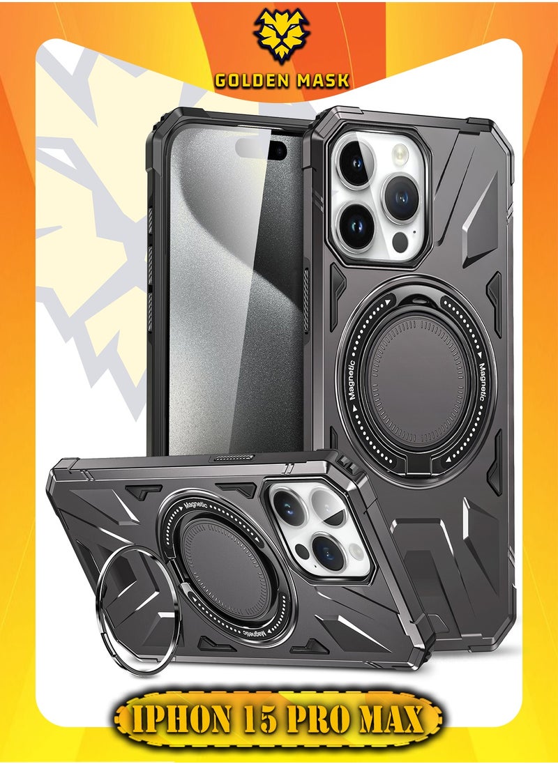 GOLDEN MASK For iPhone 15 Pro Max Case Mag-Safe Magnetic Shockproof Phone Case with Ring Holder (Dark Grey)