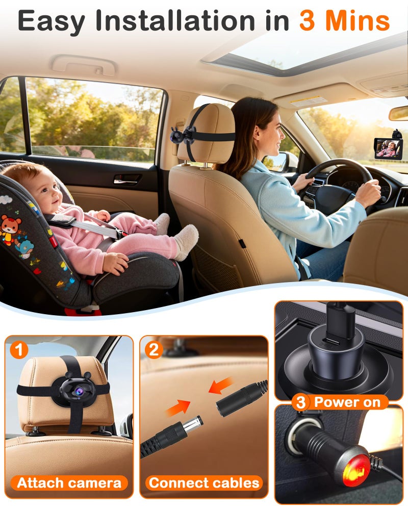 Wkzay 7-Inch Car Camera for Baby: AHD 1080P Display with Real-Time Monitoring - Clear Night Vision Easy Setup Carseat Camera for 0-3 Years Infants - Image 4