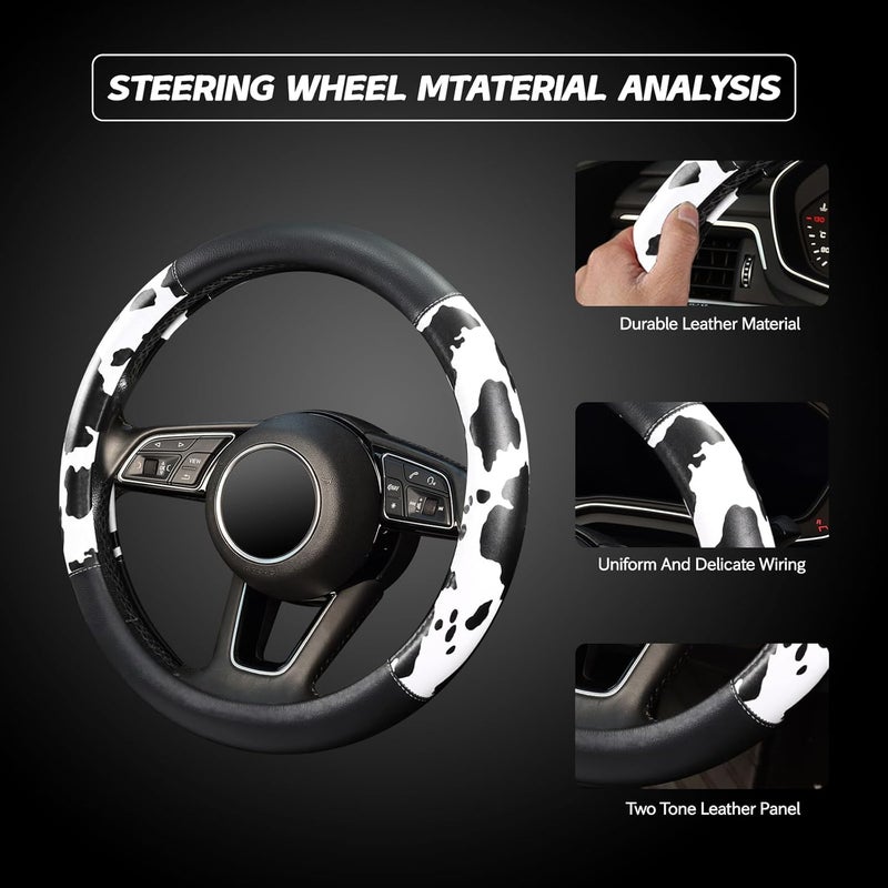 ZHOL Cow Print Car Steering Wheel Cover, Breathable Microfiber Leather for Women and Men, Universal 15 inch Anti-Slip Steering Wheel Protector, Black - Image 4