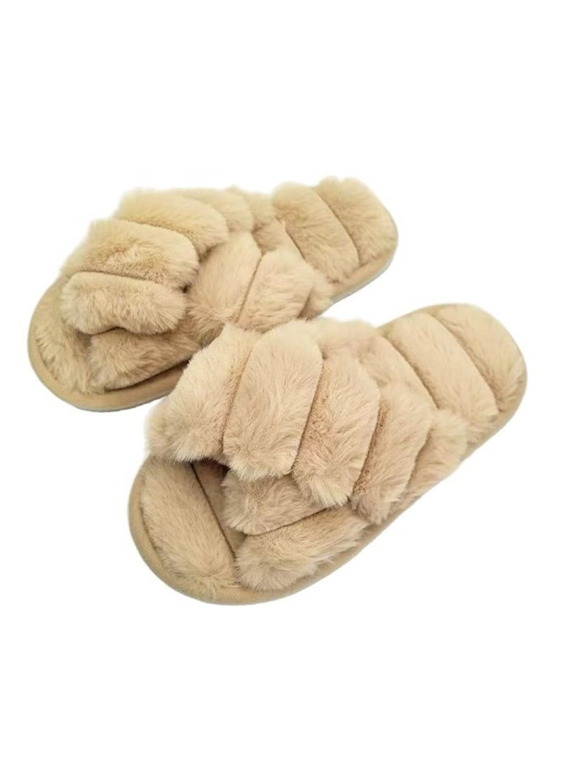 UKR UKR Women’s Home Slippers Soft Breathable Furry Open-Toe Cozy Indoor Footwear Stylish Fluffy EVA Sole (Beige, EU Footwear Size System, Adult, Women, Numeric Range, Medium, 36, 37)  - Image 1