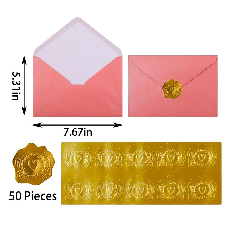 UoeRing A7 Self-Sealing Pink Envelopes 50 Pcs - 5x7 Inches (5.31Ã—7.67in) Premium 120g Pearl Glitter Paper - Printable & Writable for Wedding Invitations, Greeting Cards - Includes Gold Stickers - Image 2
