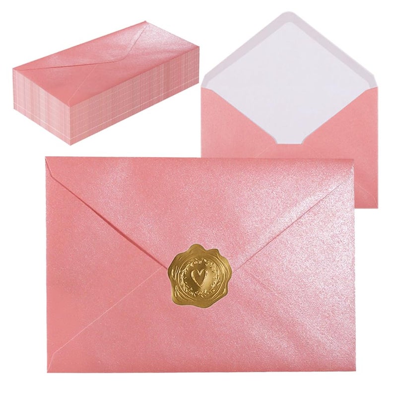 UoeRing A7 Self-Sealing Pink Envelopes 50 Pcs - 5x7 Inches (5.31Ã—7.67in) Premium 120g Pearl Glitter Paper - Printable & Writable for Wedding Invitations, Greeting Cards - Includes Gold Stickers - Image 1