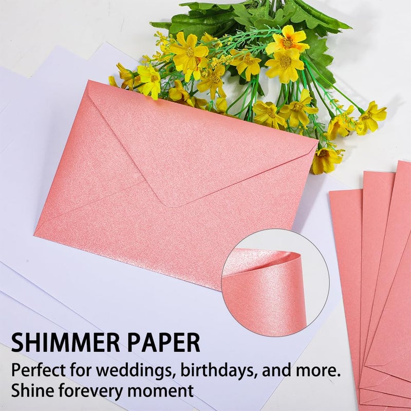 UoeRing A7 Self-Sealing Pink Envelopes 50 Pcs - 5x7 Inches (5.31Ã—7.67in) Premium 120g Pearl Glitter Paper - Printable & Writable for Wedding Invitations, Greeting Cards - Includes Gold Stickers - Image 4