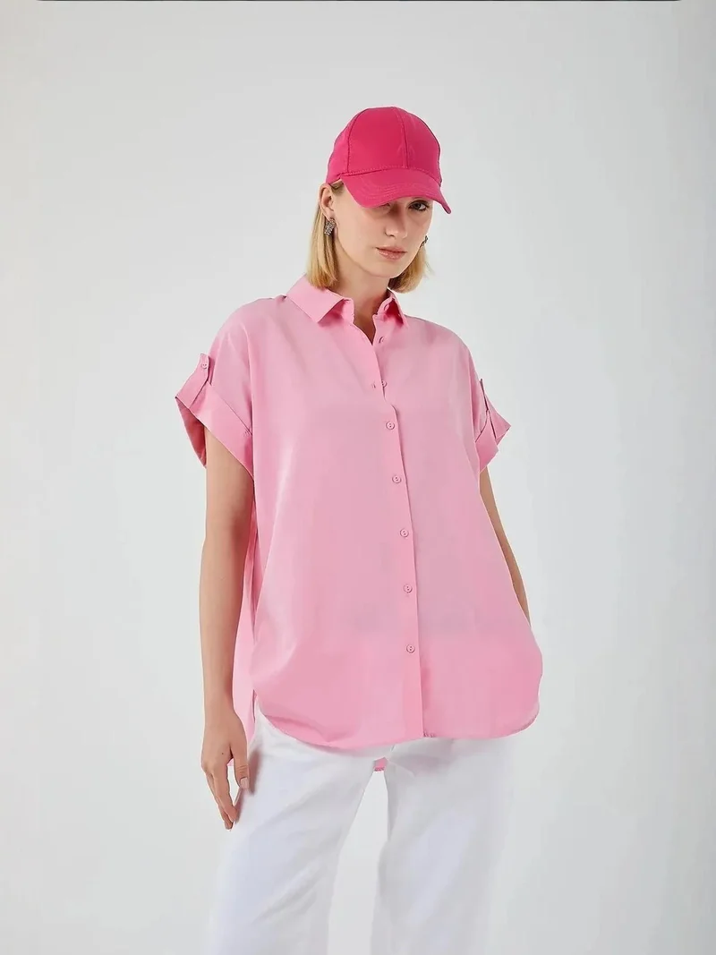 Mixray Powder Pink Oversized Short Sleeve Poplin Button-Up Shirt for Women | Best Price UAE