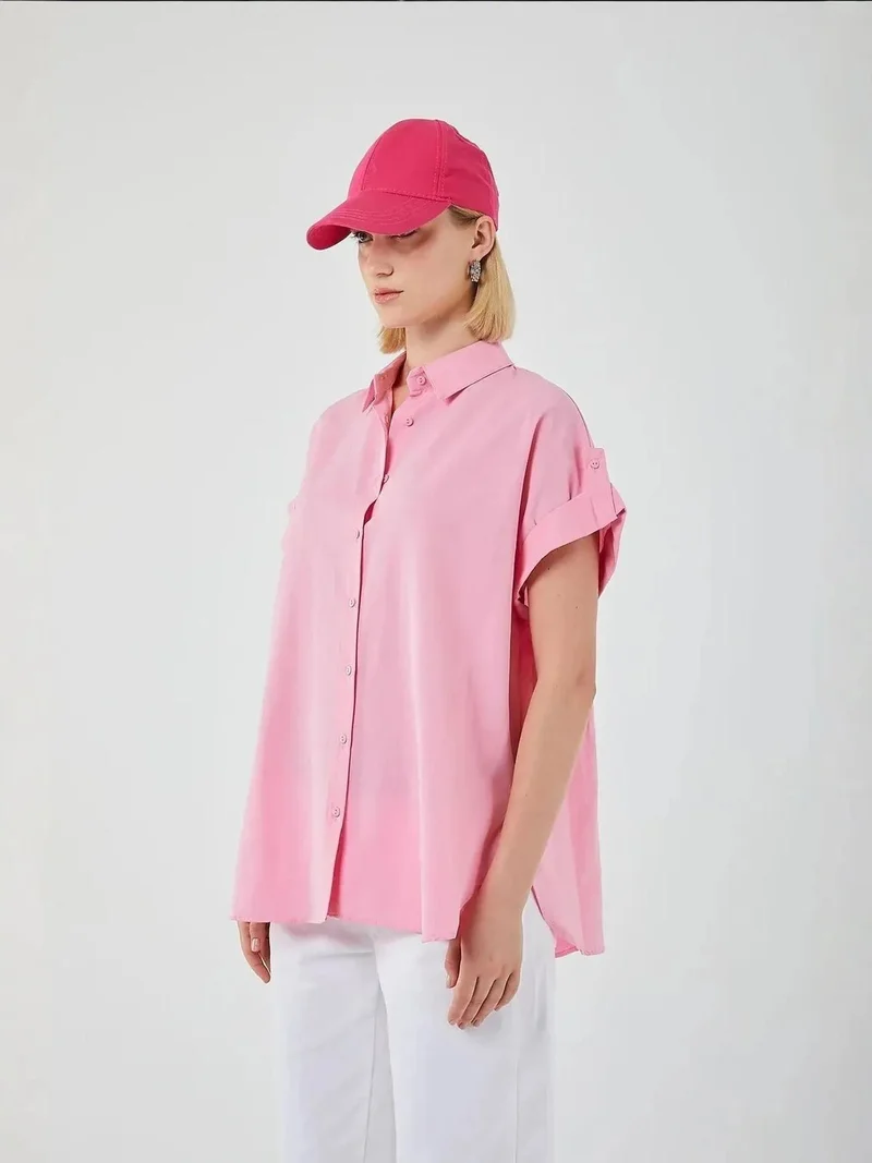 Mixray Powder Pink Oversized Short Sleeve Poplin Button-Up Shirt for Women | Best Price UAE