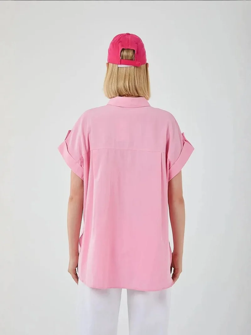 Mixray Powder Pink Oversized Short Sleeve Poplin Button-Up Shirt for Women | Best Price UAE