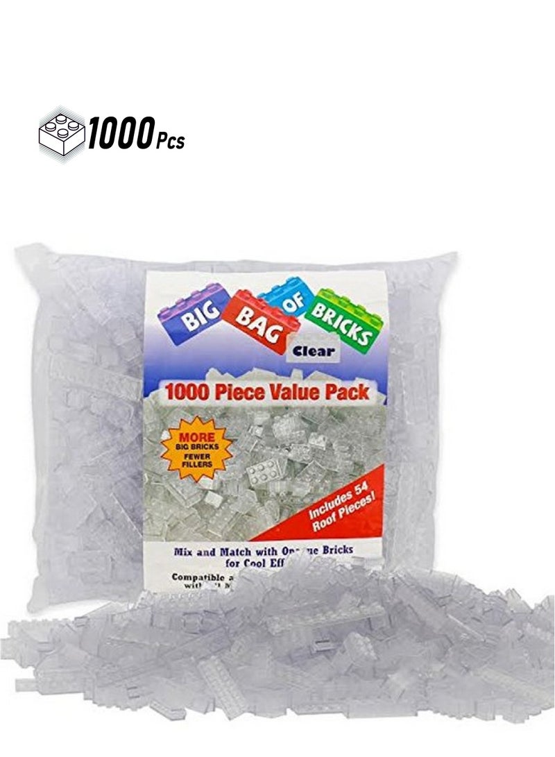 SCS Direct Building Block Bricks 1000 Pc Bulk Set Of Unique Clear Color With 54 Roof Pieces Compatible And Tight Fit With All Major Brands Great For Activity Tables Creativity & School Projects  - Image 1