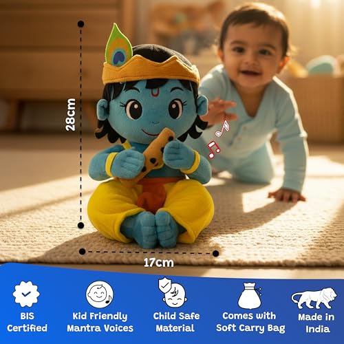 WonderBuddy Divine Mantra Chanting Baby Krishna with 8 Preloaded Mantras & Aartis, Musical Soft Plush Toy, Best Birthday Gift for Infants, Toddlers & Kids (Medium - 28 Cm) - Image 4