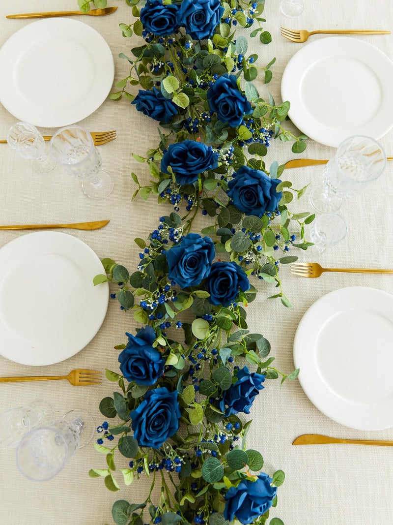 Anna's Whimsy 5.91FT Artificial Eucalyptus Garland with Flowers, Fake Rose Gypsophila Garland, Faux Floral Garlands for Wedding Spring Home Party Craft Art Table Runner Decor (Blue, 1) - Image 4