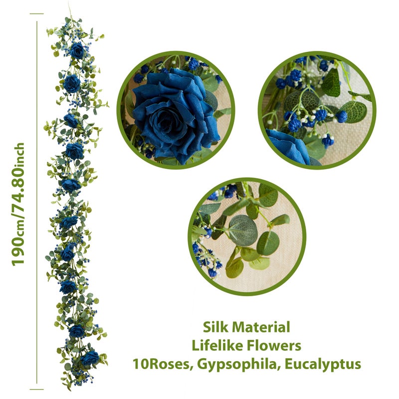 Anna's Whimsy 5.91FT Artificial Eucalyptus Garland with Flowers, Fake Rose Gypsophila Garland, Faux Floral Garlands for Wedding Spring Home Party Craft Art Table Runner Decor (Blue, 1) - Image 2