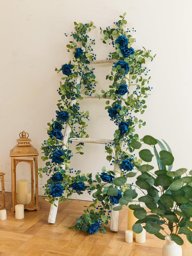 Anna's Whimsy 5.91FT Artificial Eucalyptus Garland with Flowers, Fake Rose Gypsophila Garland, Faux Floral Garlands for Wedding Spring Home Party Craft Art Table Runner Decor (Blue, 1) - Image 5