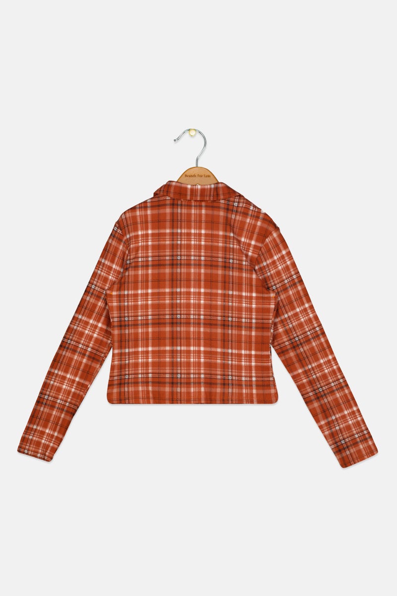 No Comment Kids Girl Plaid Long Sleeve Shirt, Brown Combo  - Image 2