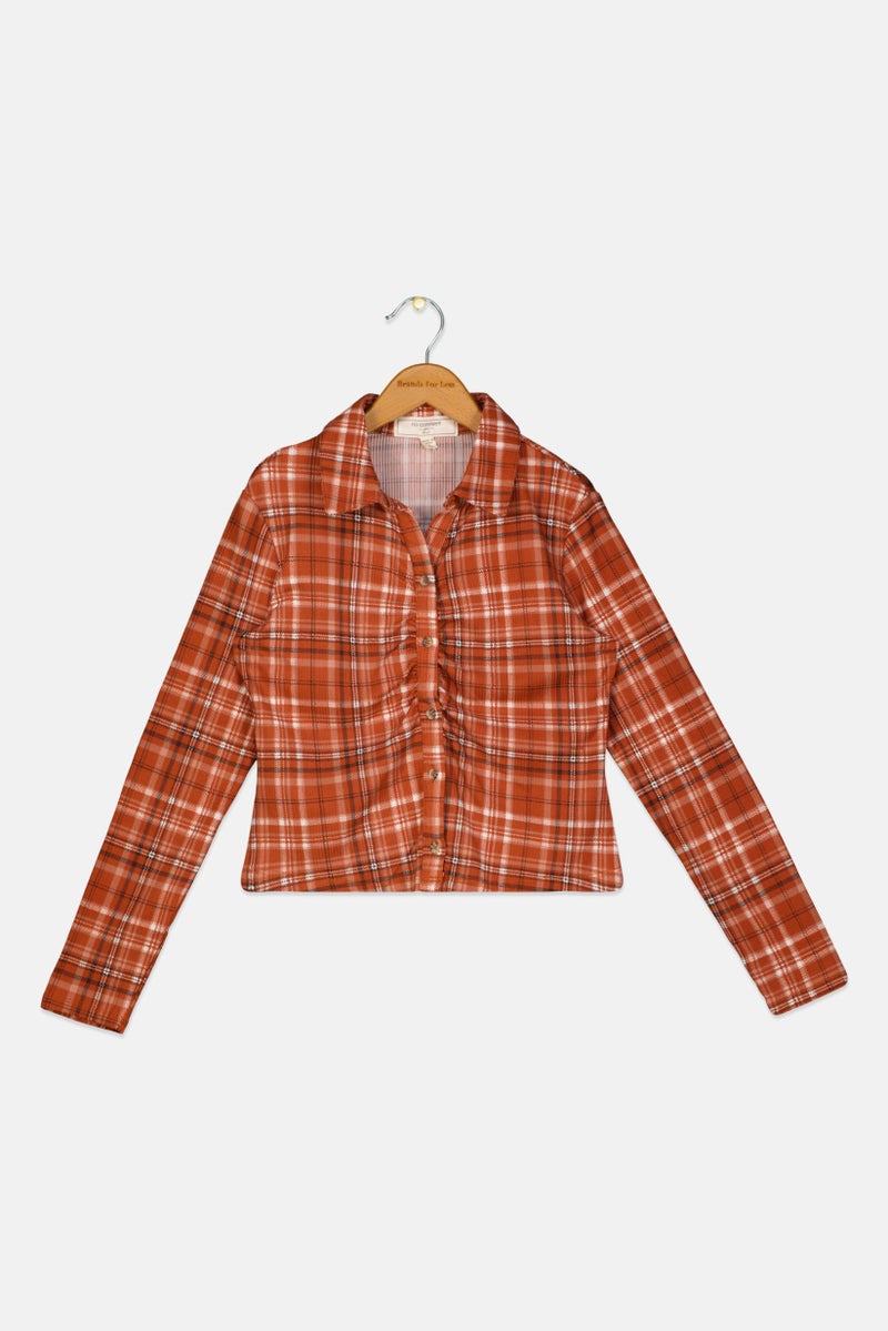No Comment Kids Girl Plaid Long Sleeve Shirt, Brown Combo  - Image 1