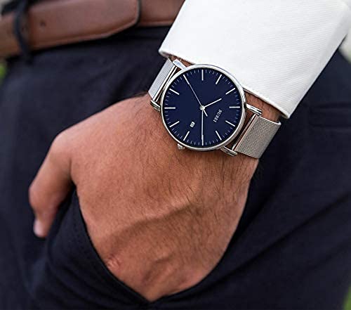 BUREI Men's Fashion Minimalist Wrist Watch Waterproof Watches Simple Ultra Thin Watches Analog Quartz Date with Stainless Steel Mesh Band (Blue Silver) - Image 4