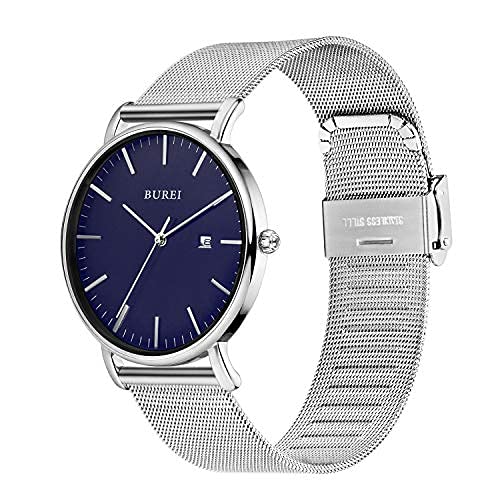 BUREI Men's Fashion Minimalist Wrist Watch Waterproof Watches Simple Ultra Thin Watches Analog Quartz Date with Stainless Steel Mesh Band (Blue Silver) - Image 2