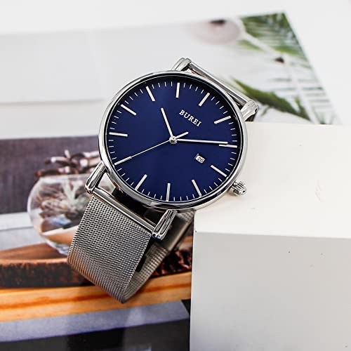 BUREI Men's Fashion Minimalist Wrist Watch Waterproof Watches Simple Ultra Thin Watches Analog Quartz Date with Stainless Steel Mesh Band (Blue Silver) - Image 3