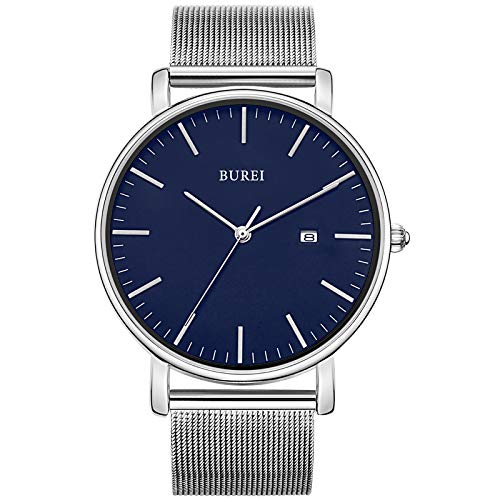 BUREI Men's Fashion Minimalist Wrist Watch Waterproof Watches Simple Ultra Thin Watches Analog Quartz Date with Stainless Steel Mesh Band (Blue Silver) - Image 1