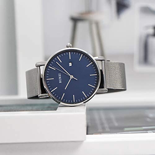 BUREI Men's Fashion Minimalist Wrist Watch Waterproof Watches Simple Ultra Thin Watches Analog Quartz Date with Stainless Steel Mesh Band (Blue Silver) - Image 5