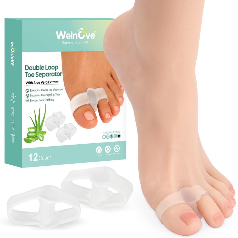 Welnove Pack of 12 Bunion Corrector Toe Separators with 2 Loops Big Toe Spacer Suitable for Bunion and Overlap Toe Infused Aloe Vera Extract Clear