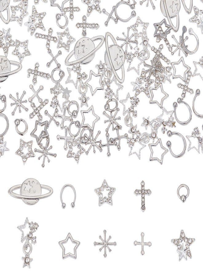 NICENEEDED 100PCS Star Nail Charms, Sliver Cross Nail Art Charms Planets Charm, Punk Nail Jewelry Metal Nail Decoration - Image 1