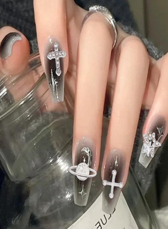 NICENEEDED 100PCS Star Nail Charms, Sliver Cross Nail Art Charms Planets Charm, Punk Nail Jewelry Metal Nail Decoration - Image 3