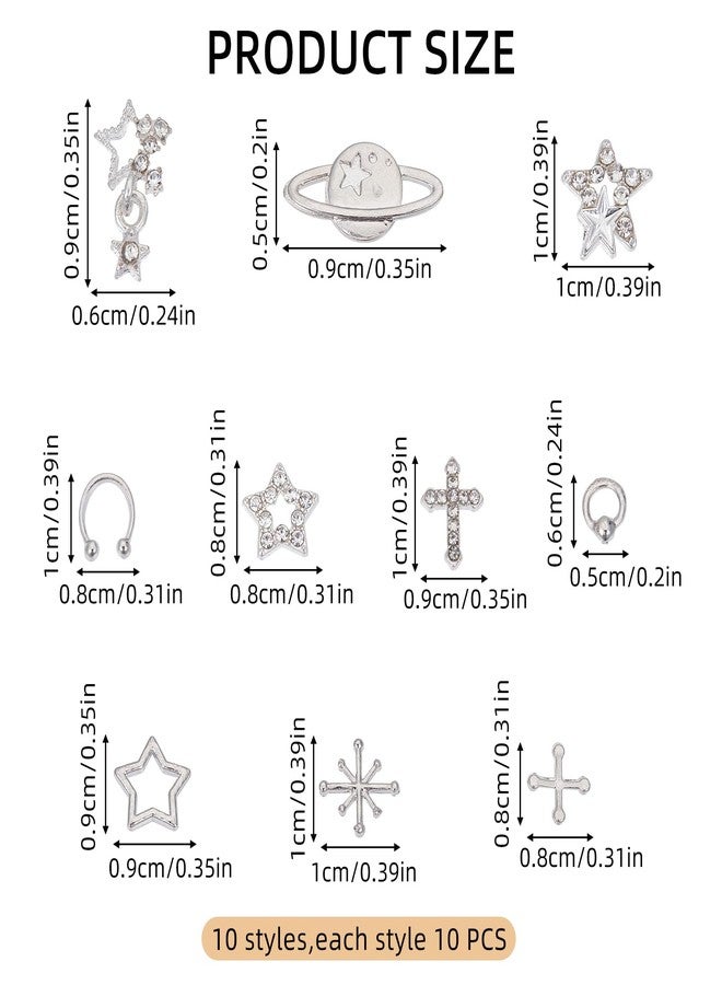 NICENEEDED 100PCS Star Nail Charms, Sliver Cross Nail Art Charms Planets Charm, Punk Nail Jewelry Metal Nail Decoration - Image 2