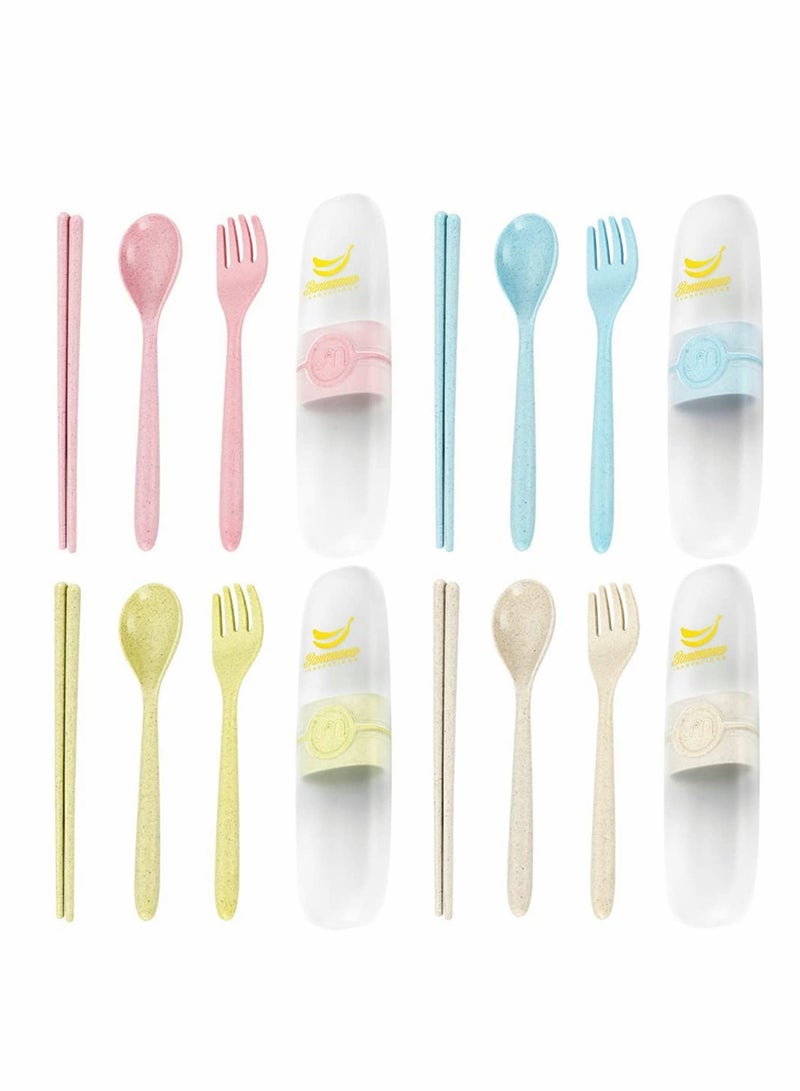 Travel Utensils, 4 sets Reusable Portable Cutlery Set, Natural Wheat Straw Chopstick Fork and Spoon Set Plastic Silverware with Carrying Case, for School, Office, kids, Adult (4 sets, 4 colors) - Image 1